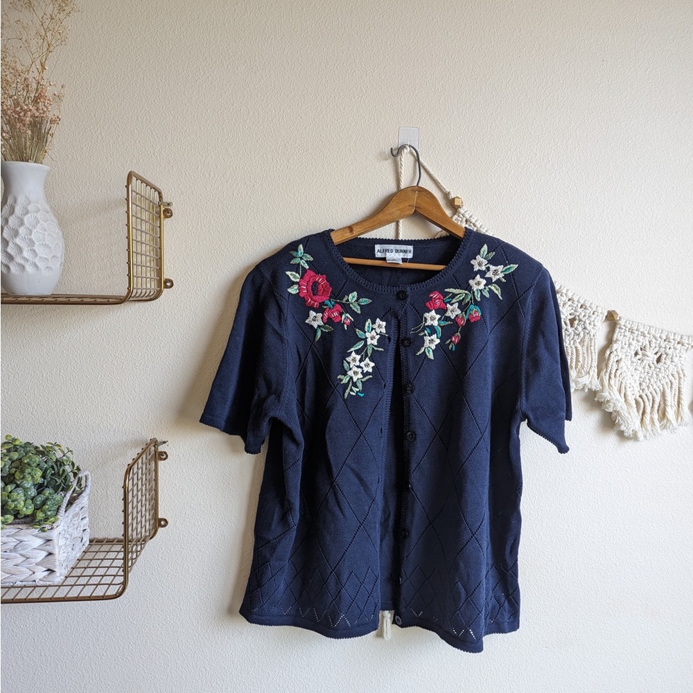 Alfred Dunner navy cardigan short sleeve, floral embroidery, XL